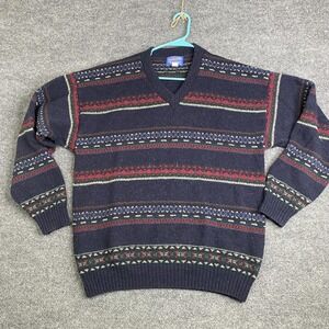 Pendleton Sweater Mens Large Blue Wool Nylon V Neck Fair Isle Knit Pullover USA